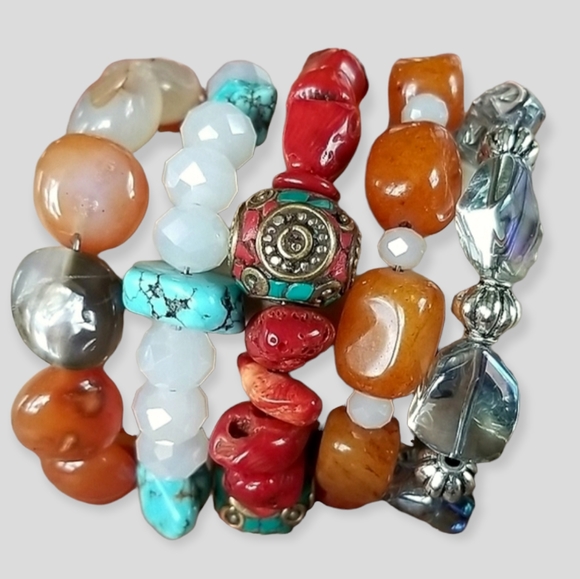 Hand Crafted Boho Beaded Agate, Coral, Turquoise and Amber Wrap Bracelet - Picture 12 of 16